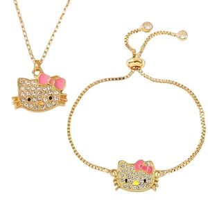 Hello Kitty Gold and Pink Sparkle Necklace and Bracelet Set